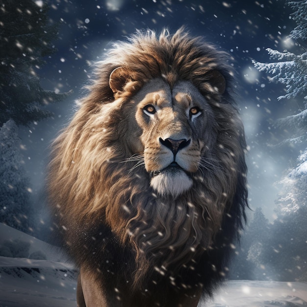 雪の荒野を闊歩する雄大なライオン ジェネレーティブ AI の傑作