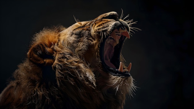 Majestic Lion Roaring Powerfully in Darkness Captured in High Definition Fierce Animal Portrait with Dramatic Lighting Wildlife Photography in Action Ideal for Editorial Use AI