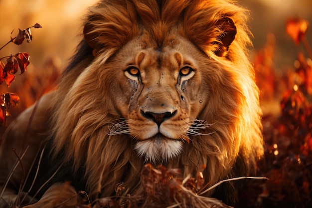 Majestic lion in the savannah to twilight generative IA