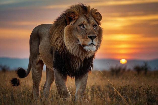 Majestic lion silhouette at sunset