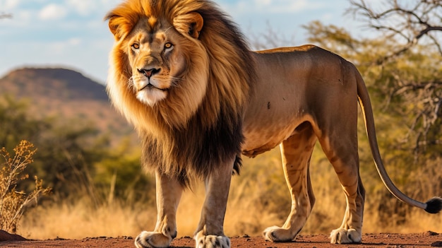 Photo majestic lion standing proudly in the vast african savanna magnificent wildlife photography