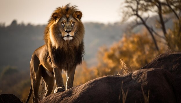 Величественный лев, стоящий в саване, ревущий с агрессией, генерируемой ИИ.