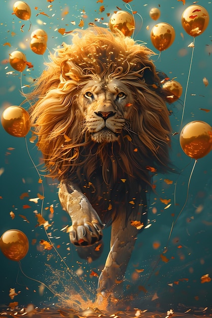 Majestic Lion stapt naar voren met een manen verweven met gouden ballonnen op een levendige cyan achtergrond