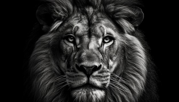 Majestic lion staring at camera in black and white generated by artificial intelligence