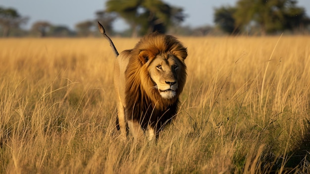 Величественный лев осматривает саванну высокие травы обрамляющие его форму