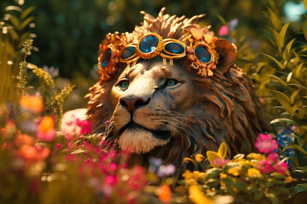 Photo a majestic lion wearing a crown of flowers and sunglasses lounging on a grassy savannah with a serene expression