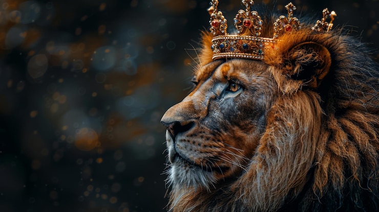 Photo majestic lion wearing an elegant crown against a dark background