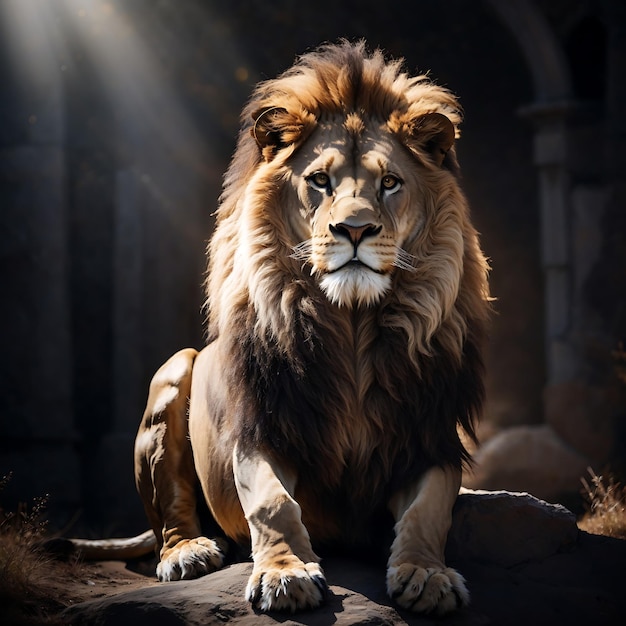 A majestic lion with a regal mane illuminated by a bright white light against a stark Ai Generated