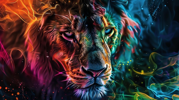 A majestic lion with a vibrant mane of colors including blue green yellow and pink The background is a dark blue with a hint of light blue