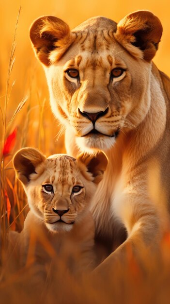 Majestic lioness and cub resting in the grass wallpaper for the phone