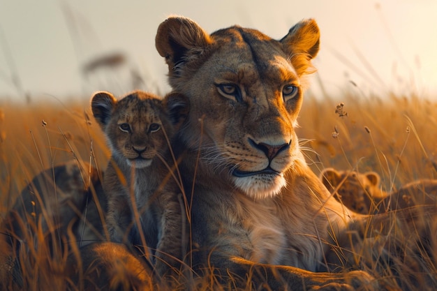 雄大な雌ライオンが子孫を育てている