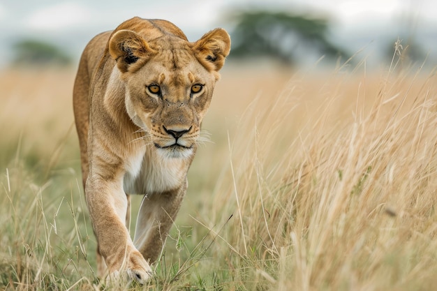 아프리카 사바나에서 사냥하는 장엄한 암사자 아프리카 사바나는 황금 잔디을 고 다니는 암사자의 왕실적 인 은혜를 목격하십시오.