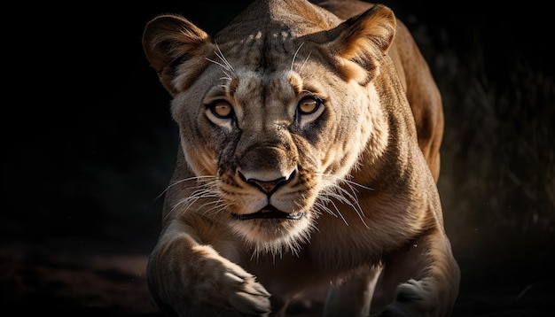 Majestic lioness staring at camera in African wilderness striped beauty generated by artificial intelligence