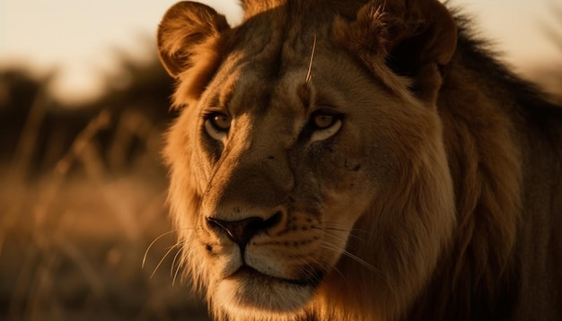 AI によって生成されたサバンナの夕日を見つめる雄大な雌ライオン