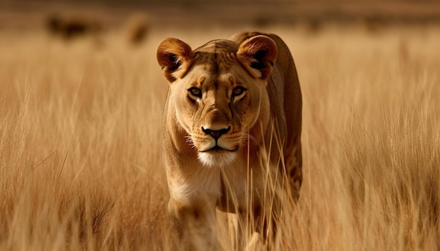 AIによって生成されたアフリカの荒野を歩く雄大な雌ライオン