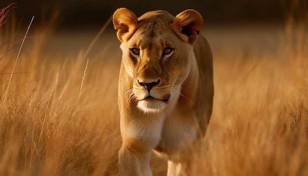 Maestosa leonessa che cammina attraverso la savana africana generata dall'ia