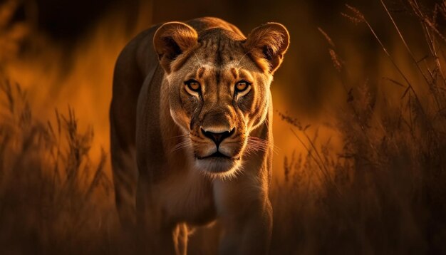 夜明けにサバンナを歩く雄大な雌ライオン、AI によって生成された真のハンター