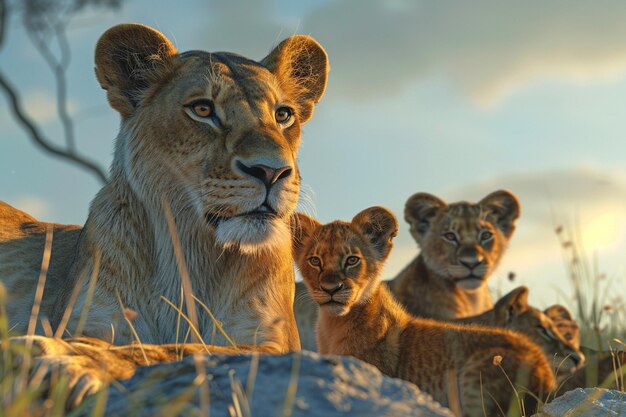 Majestic lioness watching over her cubs