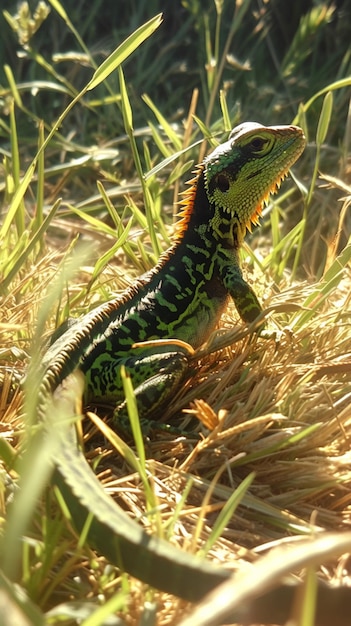Majestic lizard rests in sun drenched grass showcasing iridescent scales Vertical Mobile Wallpaper