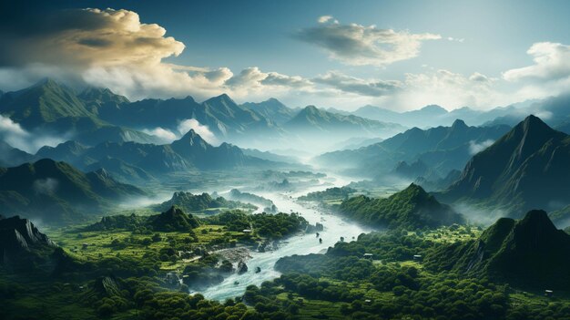 Majestic long way mountain range with cloud fog in nature scene