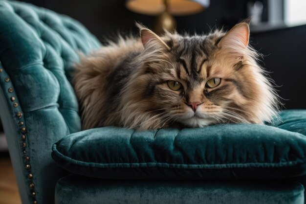 Majestic longhaired cat on velvet chair