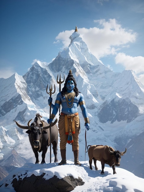 ヒマラヤの雪の峰にそびえ立つ雄大なシヴァ神、彼の忠実な雄牛ナンディ