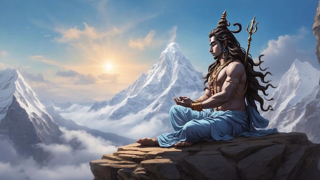 A majestic Lord Shiva stands tall on the snowy peaks of the Himalayas his faithful bull Nandi