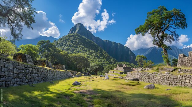 Photo majestic machu picchu ancient ruins and towering peaks in perus sacred valley