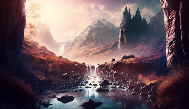 Majestic magical fantasy landscape with mountains river waterfall green forest morning sun rays