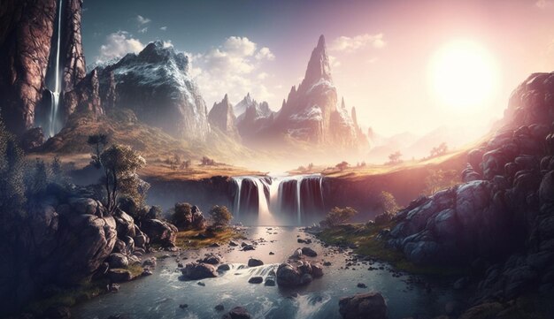 Majestic magical fantasy landscape with mountains river waterfall morning sun rays