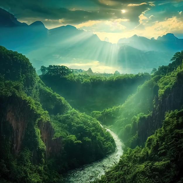 Величественный волшебный фантастический пейзаж с горами, речным водопадом, солнечными лучами, 3D иллюстрация