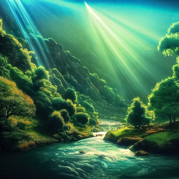 Majestic magical fantasy landscape with mountains river waterfall sun rays 3D illustration