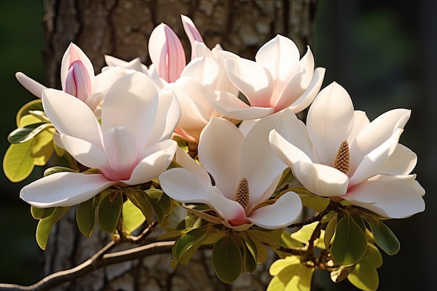 Foto maestoso albero di magnolia in piena fioritura con i raggi del sole che permeano il fogliame