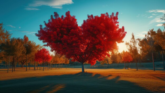 A majestic mahogany tree against the background of a calm mountain