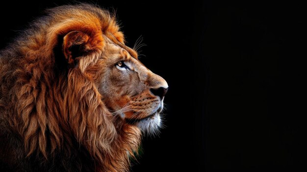 Majestic male African lion mane enveloping its face in soft light against a stark black background AI Generative