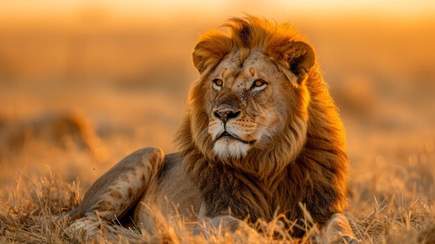 Majestic Male Lion Resting in Golden Sunset Light on African Savanna Portrait of Wild Pride Leader