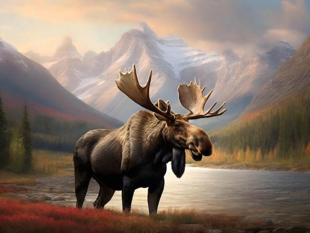 Majestic Male Moose in Mountainous Landscape