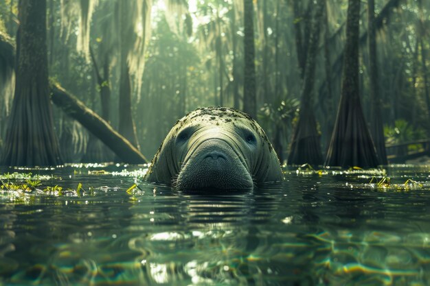 Photo majestic manatee swimming in sunlit freshwater spring surrounded by a lush green forest