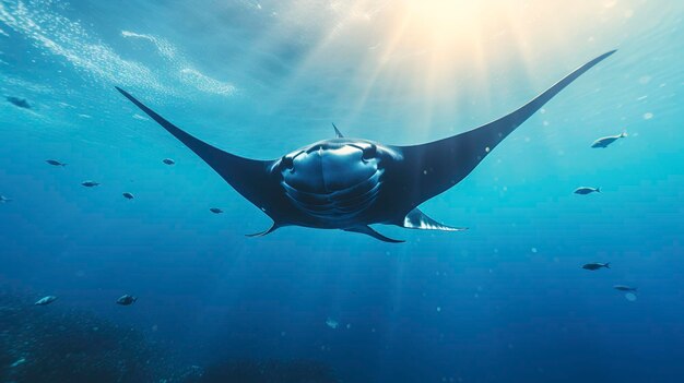 Photo majestic manta ray swimming in the blue ocean with sunlight filtering through the water