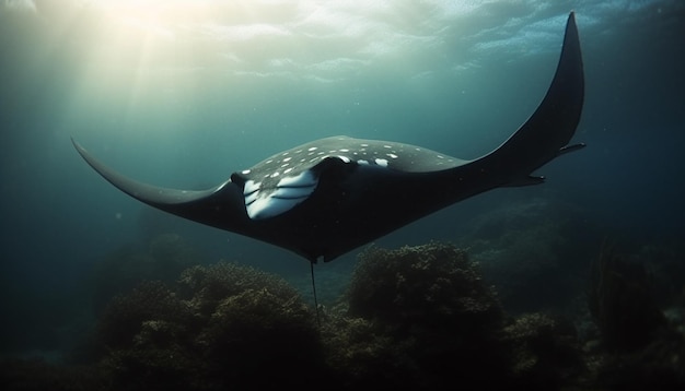 Majestic manta ray swimming in blue sea a breathtaking adventure generated by artificial intelligence