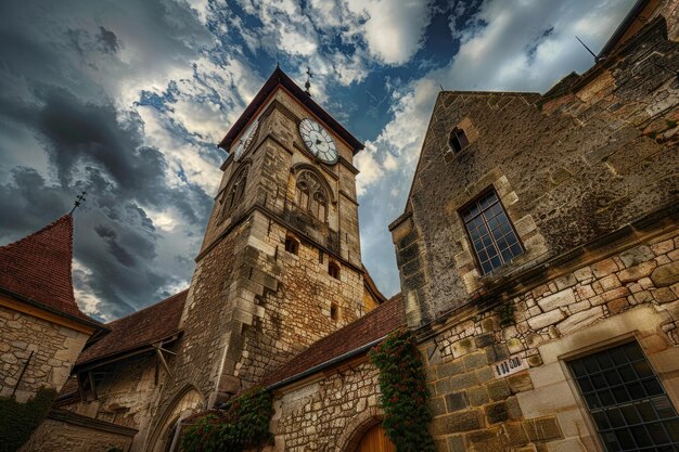 Foto maestosa torre dell'orologio medievale contro un cielo drammatico