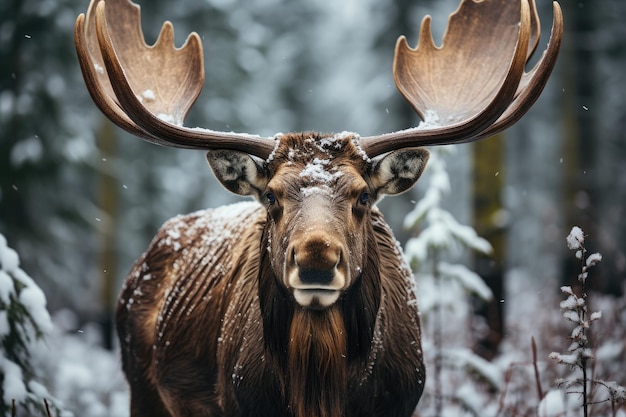 Majestic moose in the snow in the forest Generative AI