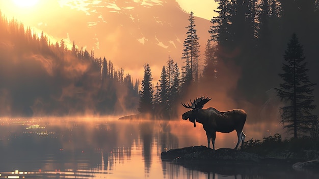 A majestic moose stands on the shore of a tranquil lake surrounded by the towering peaks of a majestic mountain range