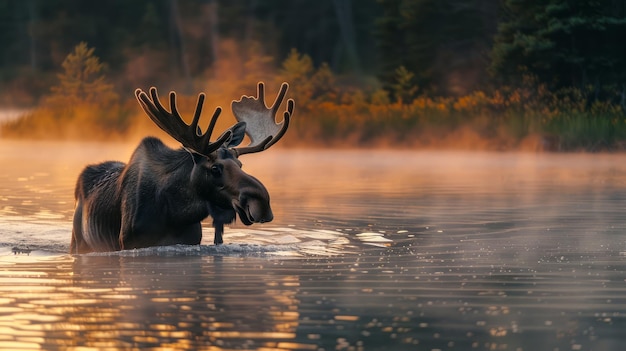 Majestic Moose Wading in Serene Lake bij zonsopgang met mist die uit het water stijgt in een schilderachtige wildernis