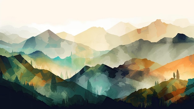 抽象的な水彩画の雄大な朝の山