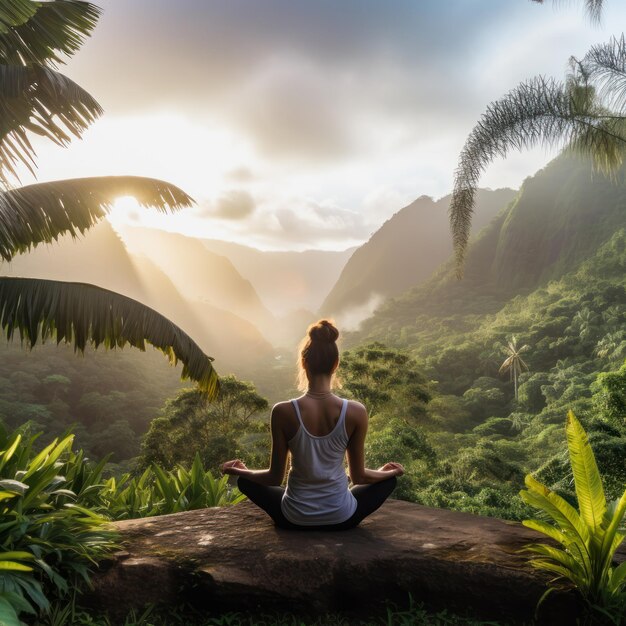 Majestic Morning Practice Yoga with Tropical Mountain Backdrop