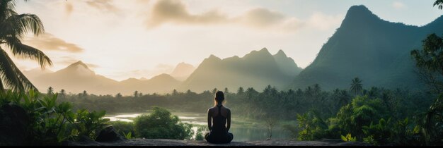 Majestic Morning Practice Yoga with Tropical Mountain Backdrop