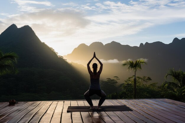 Majestic Morning Practice Yoga with Tropical Mountain Backdrop