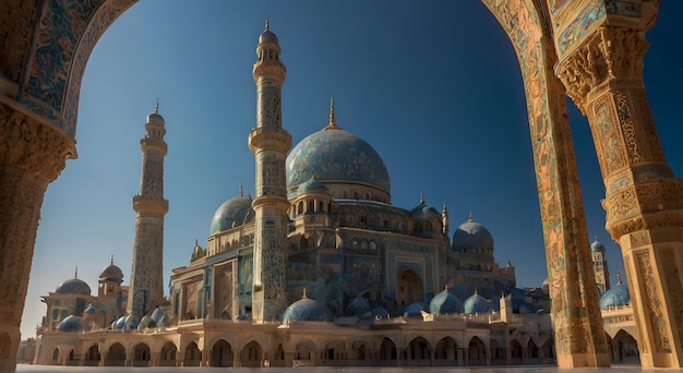 A majestic mosque building rises gracefully against the backdrop of a clear blue sky