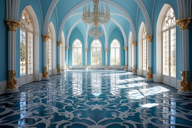 Majestic Mosque Interior Midday Light Patterns and Ornate Windows during Ramadan